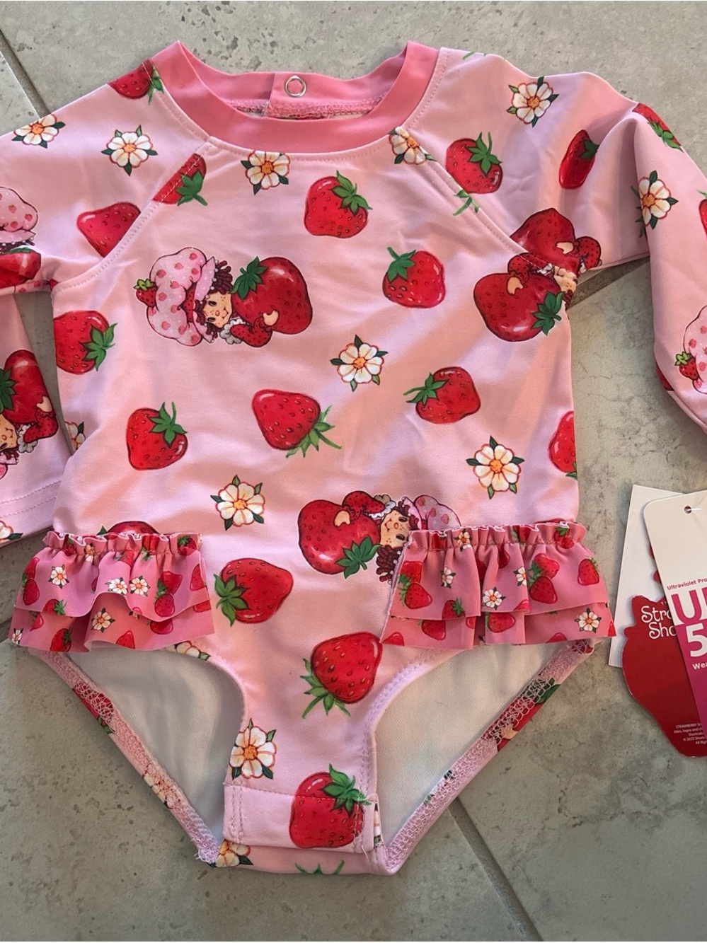 Strawberry Shortcake Pink Ruffle Long-Sleeve Kids Rash Guard Swimsuit